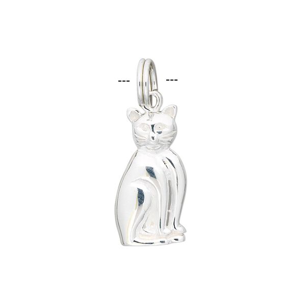 Charm, sterling silver, 19x9.5mm single-sided sitting cat. Sold individually. image number 0