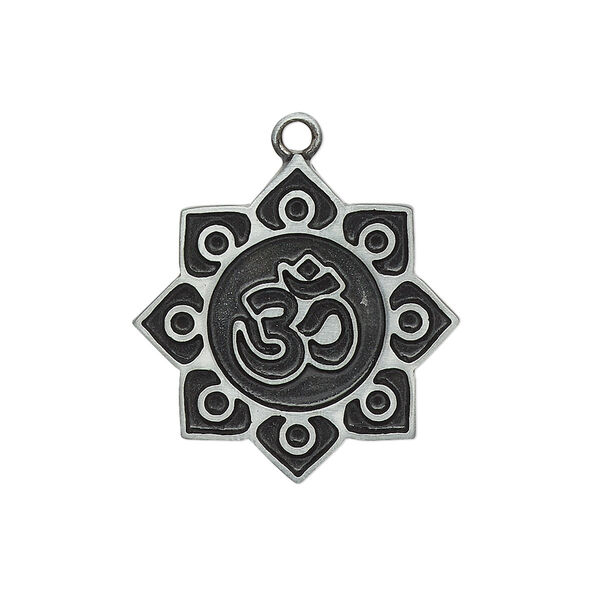 Charm, enamel and "pewter" (zinc-based alloy), black, 24mm single-sided sun with Om design. Sold individually. image number 0