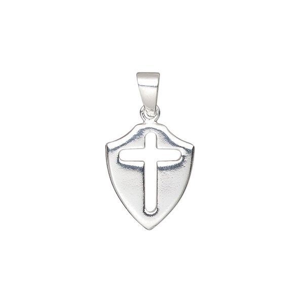 Pendant, sterling silver, 15.5x13mm shield with cross cutout. Sold individually. image number 0