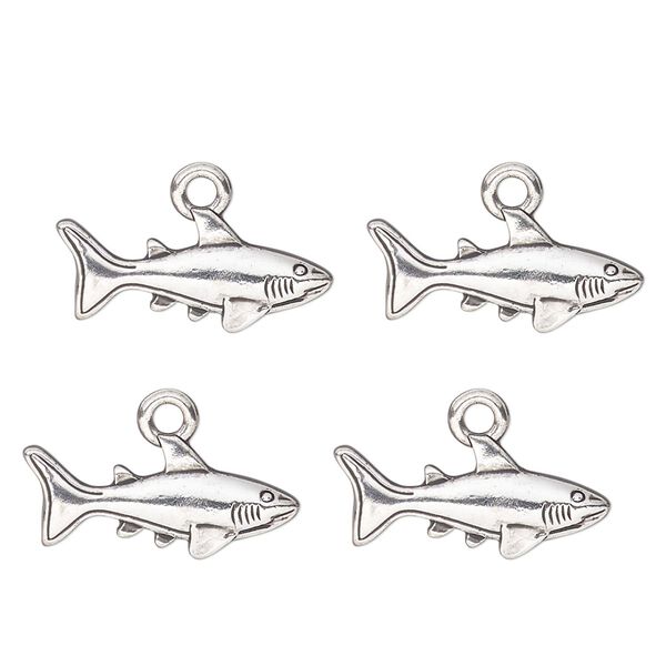 Charm, antique silver-finished "pewter" (zinc-based alloy) , 18x9mm single-sided shark. Sold per pkg of 4. image number 0