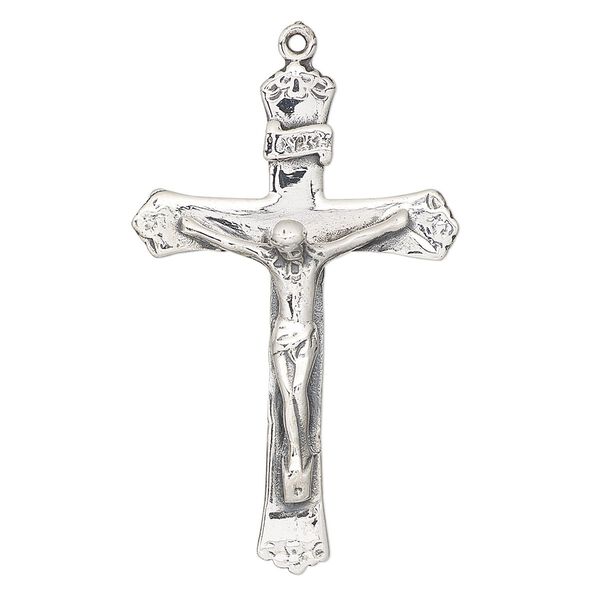 Focal, antiqued sterling silver, 43x28mm crucifix with flowers. Sold individually. image number 0