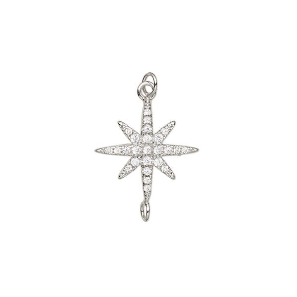 Charm, cubic zirconia and imitation rhodium-plated brass, clear, 16x15.5mm single-sided star with 3.5mm open jump ring. Sold per pkg of 2. image number 0