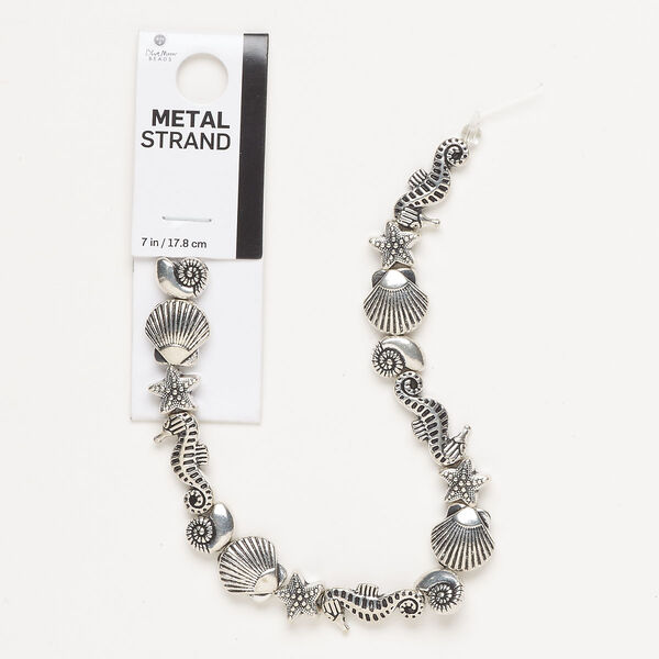 Bead assortment, silver-finished "pewter" (zinc-based alloy), 10x7mm-21x13mm 3D mixed sealife shapes. Sold per 7-inch strand, approximately 15 beads. image number 0