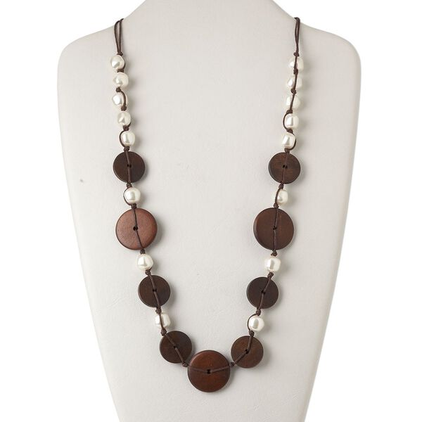 Necklace, wood (dyed) / plastic / waxed cotton cord, white / brown / light brown, 30mm flat round, adjustable up to 48 inches. Sold individually. image number 0