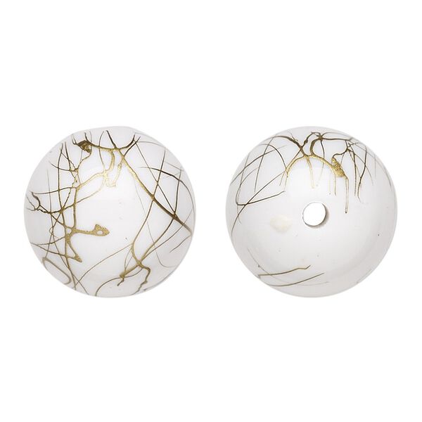 Bead, acrylic, white and gold, 18mm round with swirls. Sold per pkg of 30. image number 0