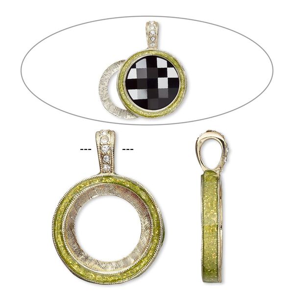 Pendant, Almost Instant Jewelry®, epoxy / crystals / gold-finished "pewter" (zinc-based alloy), peridot green and crystal clear with glitter, 33x24mm single-sided with 20mm round setting. Sold individually. image number 0
