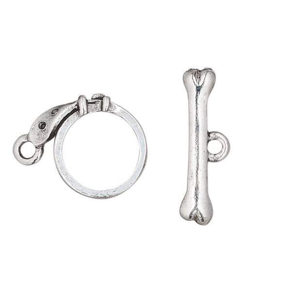 Clasp, toggle, antique silver-plated pewter (tin-based alloy), 18x16mm dog bone and collar. Sold individually. image number 0