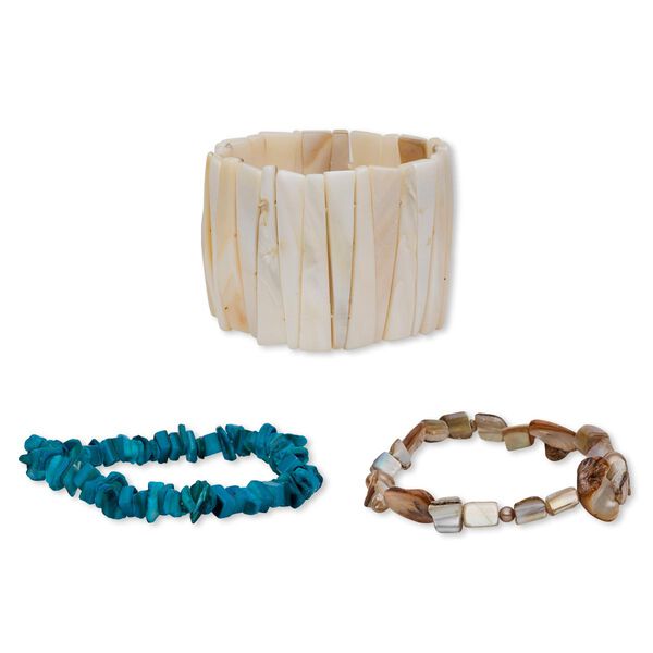 Bracelet mix, stretch, mother-of-pearl shell (natural / bleached / dyed / assembled) and resin, multicolored, 6x3mm-70x26mm mixed shape, 6-1/2 to 7-1/2 inches. Sold per pkg of 5. image number 0