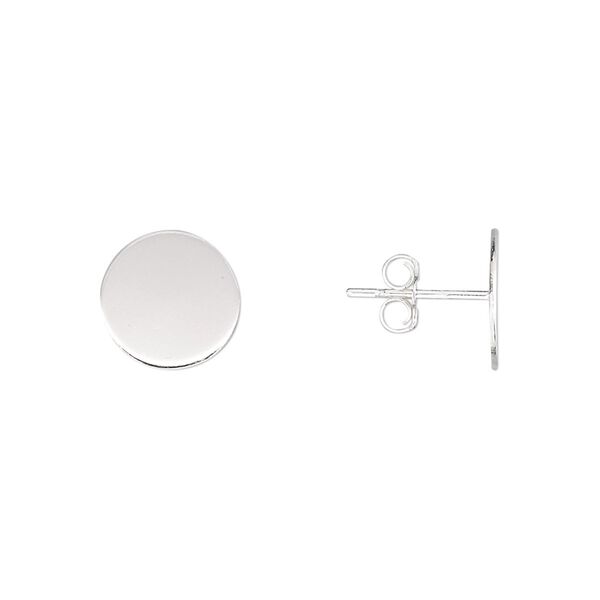 Earstud, sterling silver, 10mm round flat pad. Sold per pkg of 5 pairs. image number 0