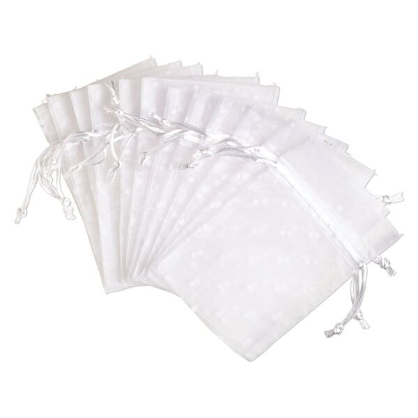 Pouch, flocked organza, white, 6x4 inches with dots pattern and drawstring closure. Sold per pkg of 12. image number 0
