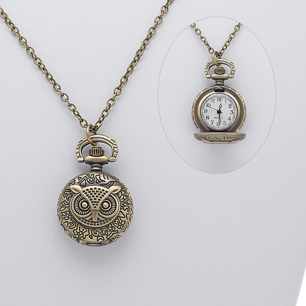 Necklace, plastic with antique brass-plated steel and "pewter" (zinc-based alloy), black / white / clear, 40x26mm round watch with owl and floral design, 28 inches with lobster claw clasp. Sold individually. image number 0