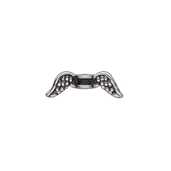 Bead, enamel and stainless steel, black, 20x7mm double-sided angel wing. Sold individually. image number 0