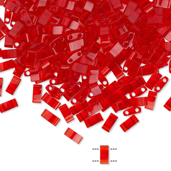 Seed bead, TILA®, glass, pkg/250g, 5x2.3mm half tila rectangle, transparent light fire red, (HTL-140). image number 0