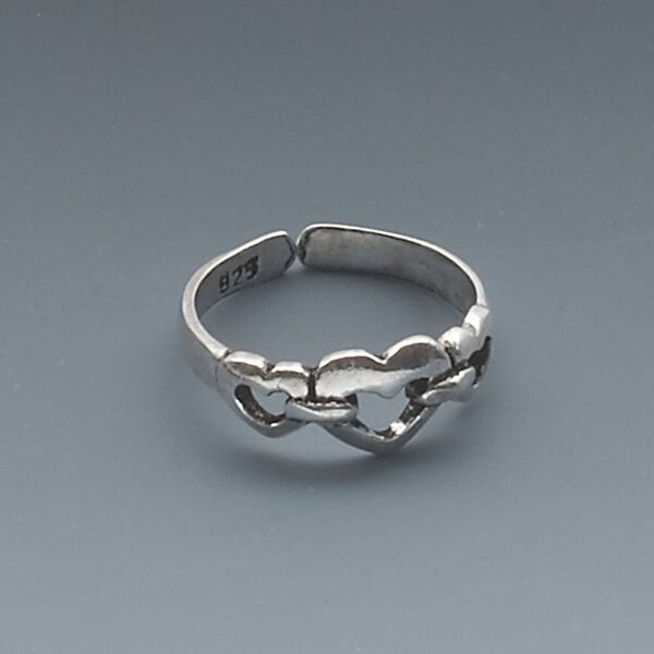 Toe ring, antiqued sterling silver, 5.5mm wide with 3-heart design, adjustable. Sold individually. image number 0