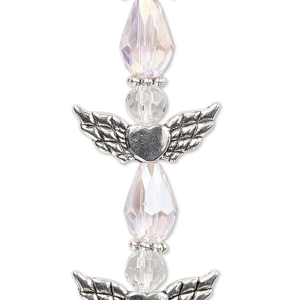 Bead, crystal and antique silver-plated "pewter" (zinc-based alloy), translucent pink AB and clear, 25x22mm angel. Sold per pkg of 4. image number 0