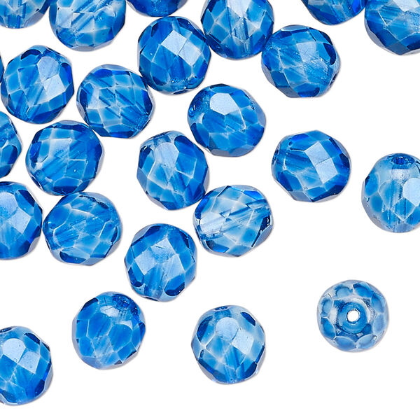 Czech fire-polished glass 1pkg50, faceted round bead translucent dipped décor sapphire blue 8mm image number 0