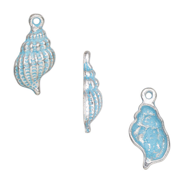 Charm, antique silver-finished pewter (tin-based alloy), blue patina, 17x10mm single-sided shell. Sold per pkg of 4. image number 0