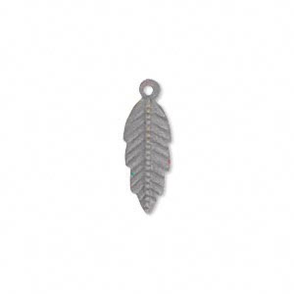 Drop, brass, earth tone grey patina, Pantone® color 17-5102, 20x7mm double-sided feather. Sold per pkg of 6. image number 0