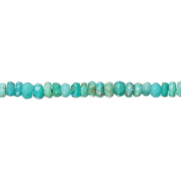 Bead, turquoise (dyed / stabilized), blue-green, 4x2mm-4x3mm faceted rondelle with 0.5-1.5mm hole, C+ grade, Mohs hardness 5 to 6. Sold per 13-inch strand. image number 0