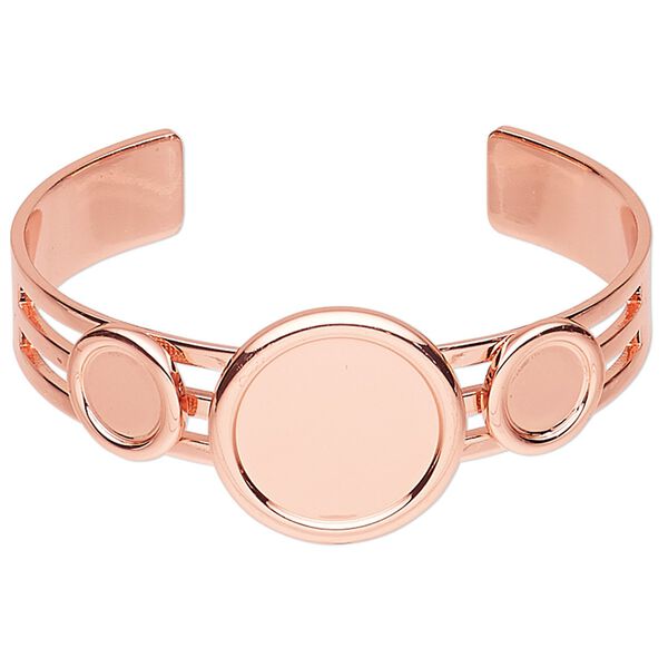 Bracelet, Almost Instant Jewelry®, cuff, copper-plated brass and "pewter" (zinc-based alloy), 25mm wide with (2) 10mm and (1) 20mm round settings, adjustable. Sold individually. image number 0