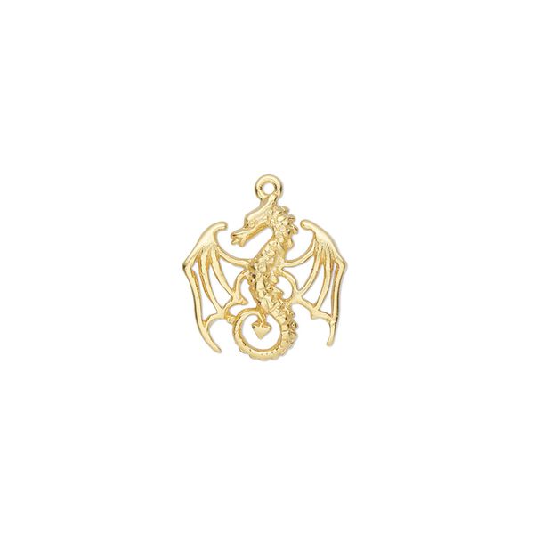 Charm Amoracast® 1pkg1 sterling silver, 15x14mm 2-sided cutout winged dragon, satin "vermeil" (gold finish) image number 0