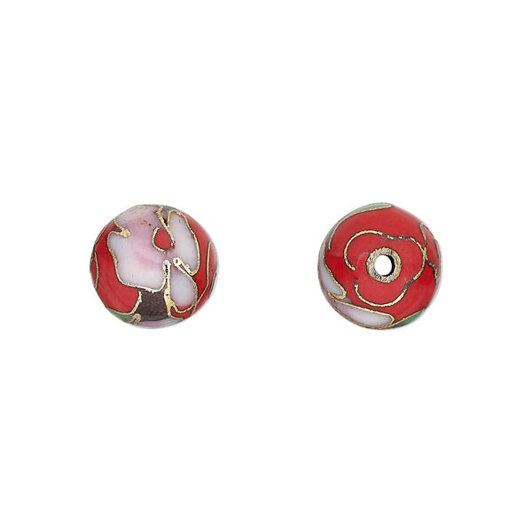 Bead, cloisonné, enamel and gold-finished copper, red / pink / green, 10mm round with flower design. Sold per pkg of 10. image number 0