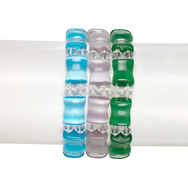 Bracelet, stretch, glass and cat's eye glass (fiber optic glass), assorted colors, 6mm bicone and 15.5x11.5mm bamboo, 6-1/2 inches. Sold per pkg of 3. image number 0
