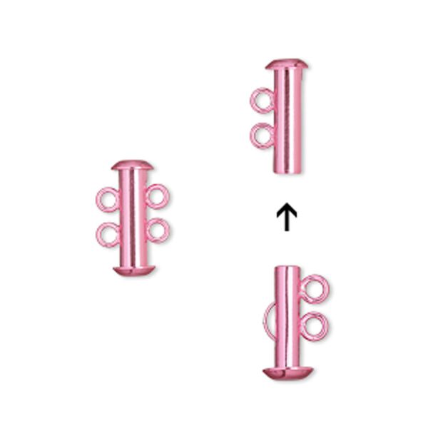 Clasp, 2-strand slide lock, electro-coated brass, pink, 16.5x6mm tube. Sold per pkg of 2. image number 0