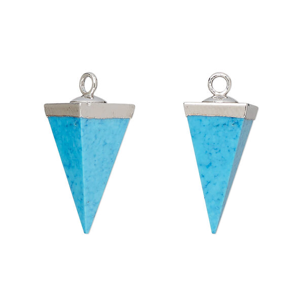 Drop, silver-plated "turquoise" (resin) (imitation) and electroplated sterling silver, 19x9mm-20x10mm hand-cut 3D 4-sided point. Sold individually. image number 0