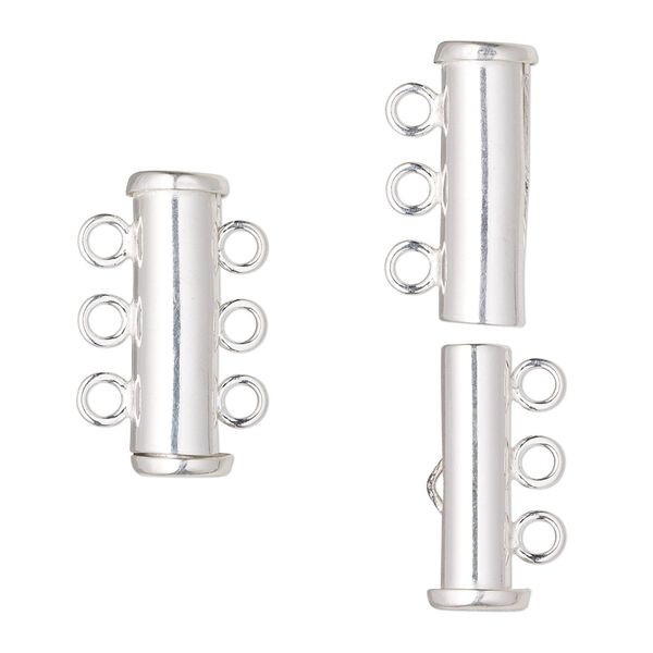 Clasp, 3-strand slide lock, sterling silver, 22x6mm tube. Sold individually. image number 0