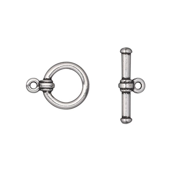 Clasp, TierraCast®, toggle, antique silver-plated pewter (tin-based alloy), 12mm round with cuff design. Sold individually. image number 0