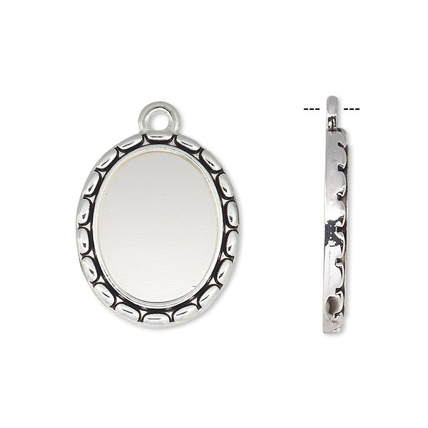 Drop, antique silver-finished "pewter" (zinc-based alloy), 21x17mm oval with oval edge and 16x12mm oval setting. Sold per pkg of 6. image number 0