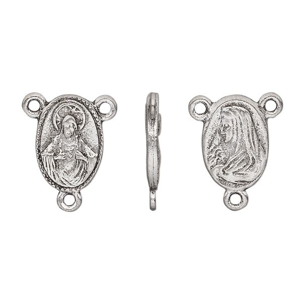Connector, pewter (tin-based alloy), pkg/1, antiqued, 13x10mm two-sided rosary oval with Virgin Mary. image number 0