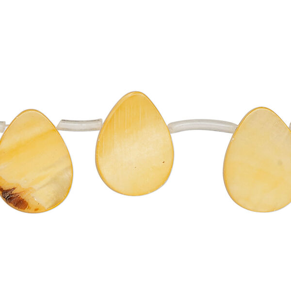 Bead, mother-of-pearl shell (dyed), orange, 16x7mm-16x11mm top-drilled flat teardrop, Mohs hardness 3-1/2. Sold per 14-inch strand, approximately 25 beads. image number 0