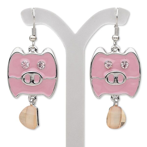 Earring, glass rhinestone / epoxy / acrylic / imitation rhodium-finished "pewter" (zinc-based alloy) and steel, pink and light pink, 2 inches with pig and fishhook ear wire. Sold per pair. image number 0