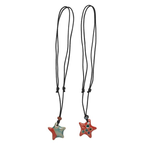 Necklace, porcelain and waxed cotton cord (dyed), multicolored, 40x40mm-45x45mm single-sided hand-painted star, adjustable 16 to 32 inches. Sold per pkg of 2. image number 0