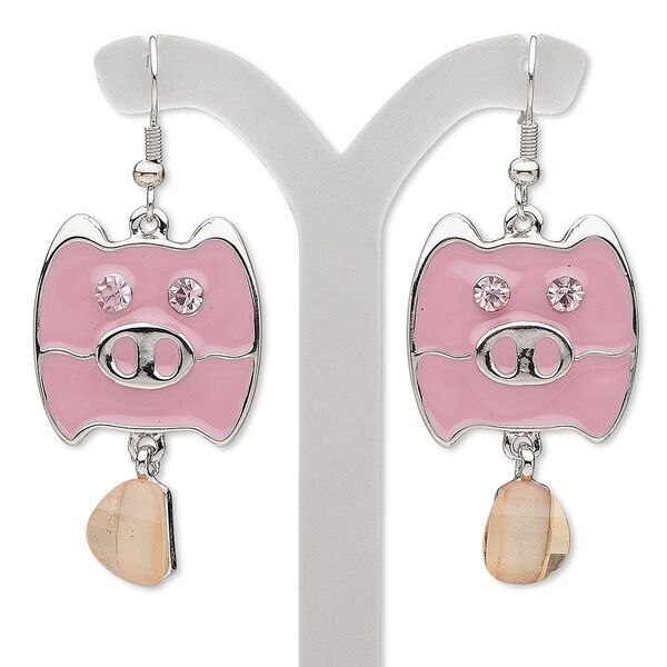 Earring, glass rhinestone / epoxy / acrylic / imitation rhodium-finished "pewter" (zinc-based alloy) and steel, pink and light pink, 2 inches with pig and fishhook ear wire. Sold per pair. image number 0
