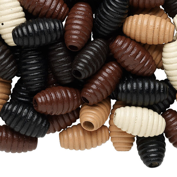 Bead mix, painted Korean boxwood, mixed neutrals, 20x11mm fluted oval. Sold per 1/4 pound pkg, approximately 120 beads. image number 0