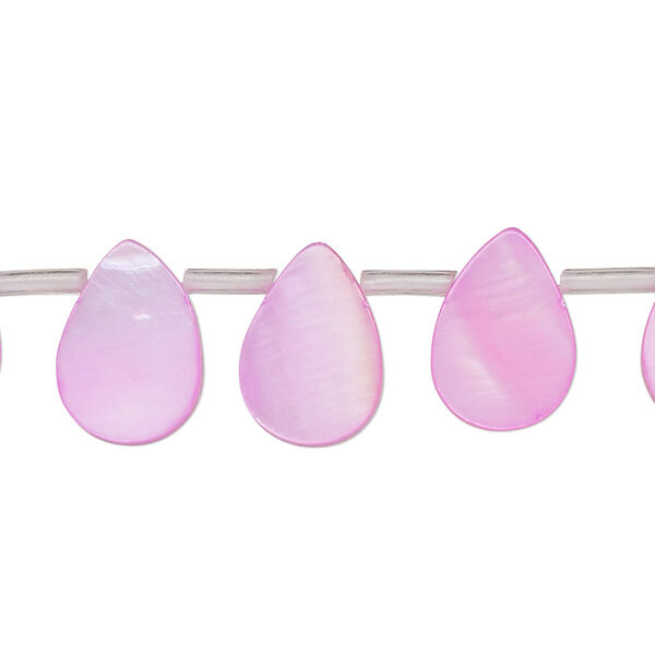 Bead, mother-of-pearl shell (dyed), pink, 13x3mm-14x9mm top-drilled flat teardrop, Mohs hardness 3-1/2. Sold per 13-inch strand, approximately 25 beads. image number 0