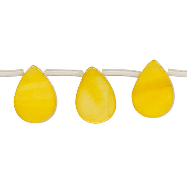Bead, mother-of-pearl shell (dyed), yellow-orange, 13x3mm-14x9mm top-drilled flat teardrop, Mohs hardness 3-1/2. Sold per 13-inch strand, approximately 25 beads. image number 0