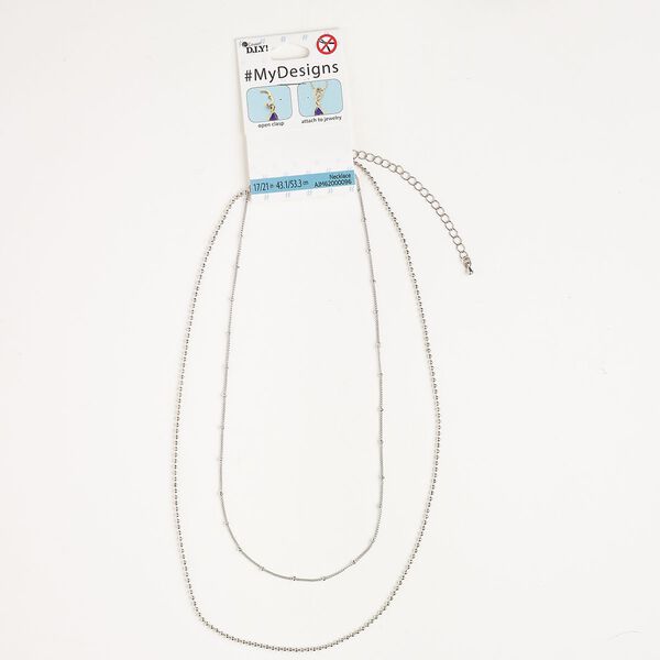 Necklace, 2-strand, steel, pkg/17 inches, silver finish, 2mm ball and 1mm curb with lobster claw clasp and extender chain. image number 0