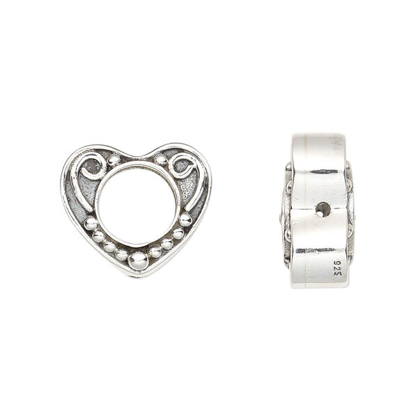 Bead frame, sterling silver, 16x14mm fancy heart with swirl and ball design, fits up to 8mm bead. Sold individually. image number 0