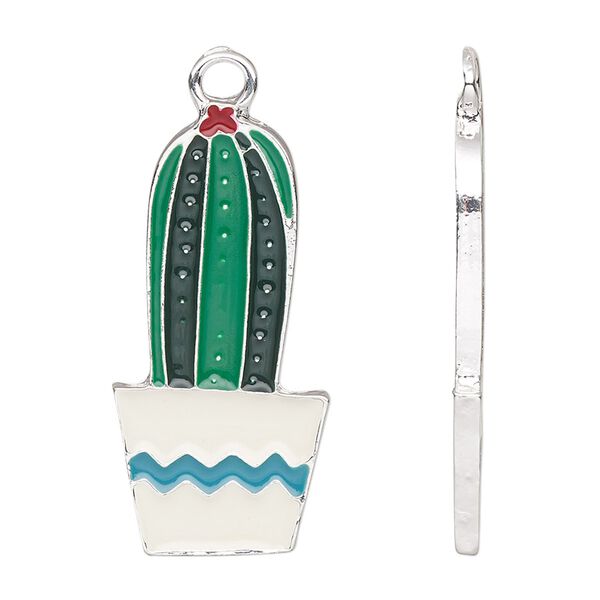 Charm, enamel and silver-finished pewter (tin-based alloy), multicolored, 33x16mm potted cactus. Sold per pkg of 2. image number 0