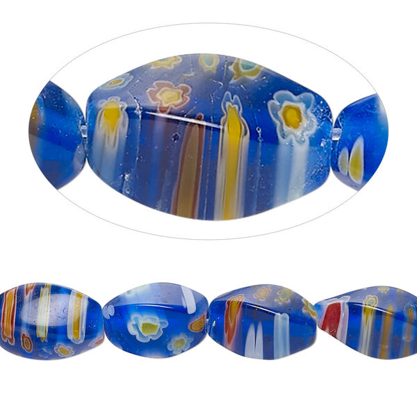Bead, millefiori glass, translucent multicolored, 12x6mm 4-sided twisted oval with 0.6-0.8mm hole. Sold per 15-inch strand. image number 0