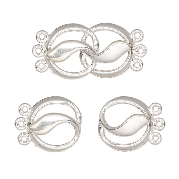 Clasp, JBB Findings, 3-strand hook-and-eye, sterling silver, 24x14mm circle. Sold individually. image number 0
