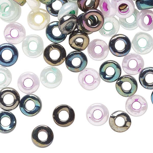 Bead mix, pressed glass, opaque mixed colors, 6x3mm-7x4mm ring. Sold per 2-ounce pkg, approximately 360 beads. image number 0