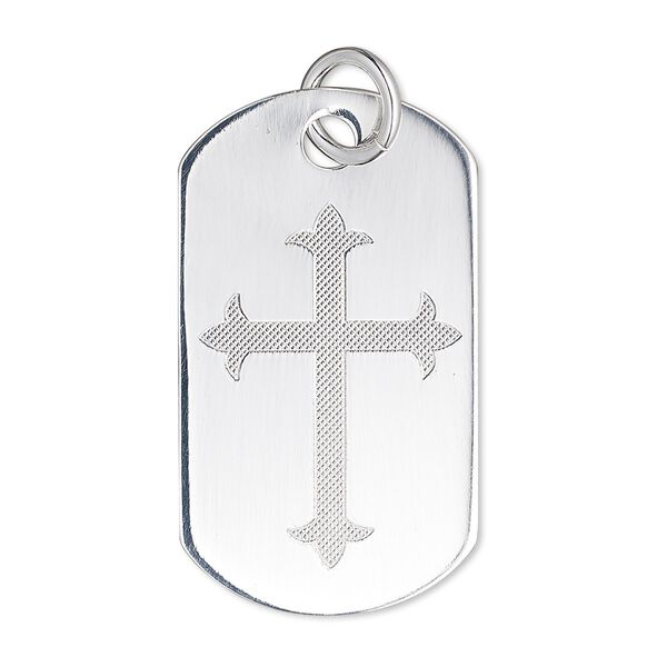 Focal, sterling silver, 35x20mm single-sided dog tag with cross. Sold individually. image number 0