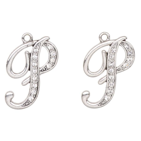 Charm, antique silver-finished "pewter" (zinc-based alloy) and glass, clear, 25x23mm letter "P". Sold per pkg of 2. image number 0