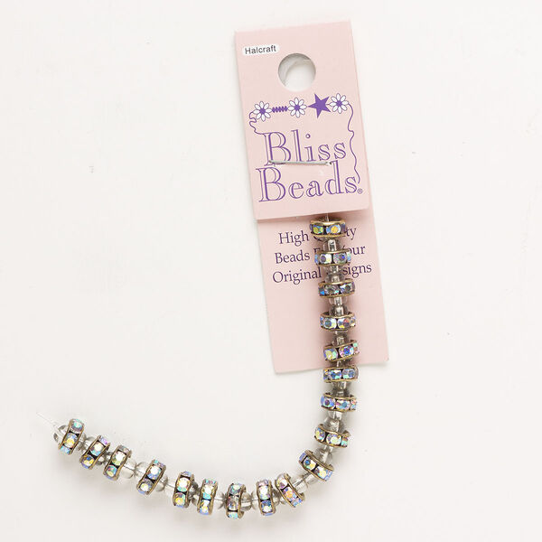 Bead, antique brass-finished "pewter" (zinc-based alloy) / steel / glass, clear AB, 8x4mm rondelle. Sold per pkg of 18. image number 0