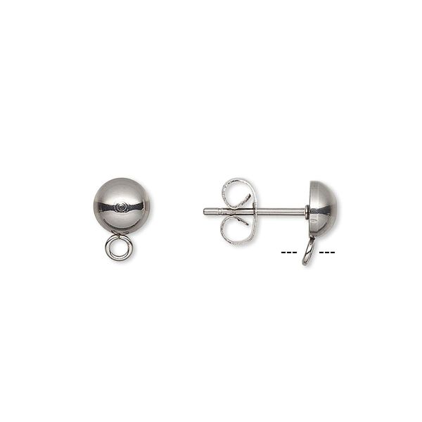 Earstud 1pkg20, 6mm half-ball / open loop / earnuts, stainless steel 10 pair image number 0